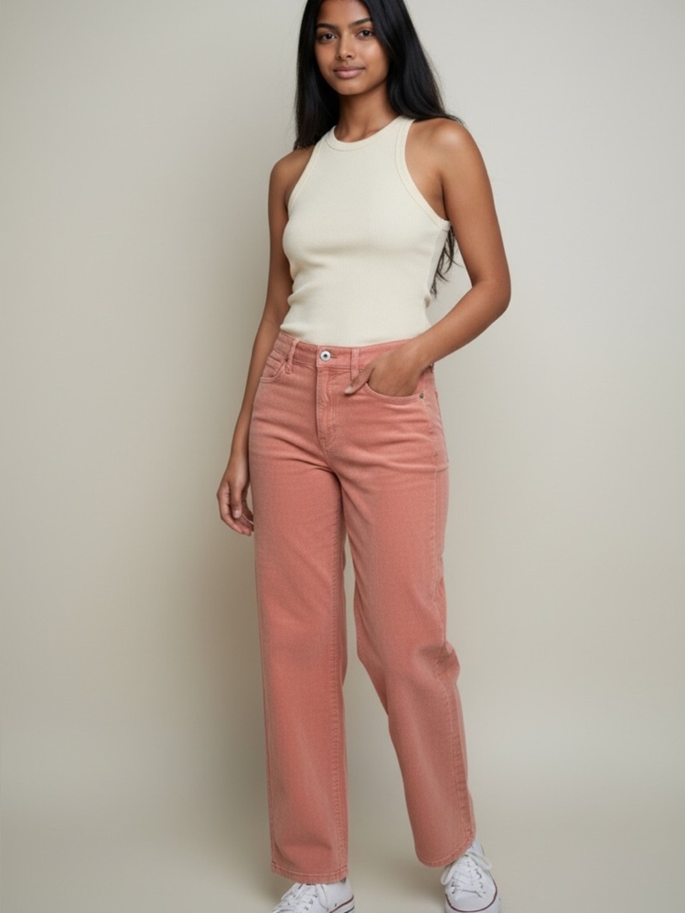 American Eagle Mom Straight Corduroy Jeans High Rise Dusty Rose Pink Size 10